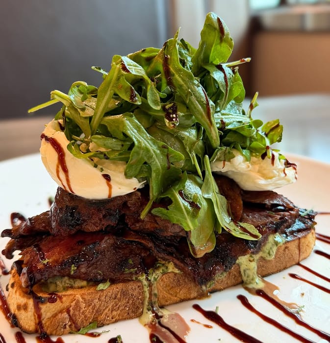 Balsamic Steak Toast: skirt steak and burrata on sourdough under dressed arugula