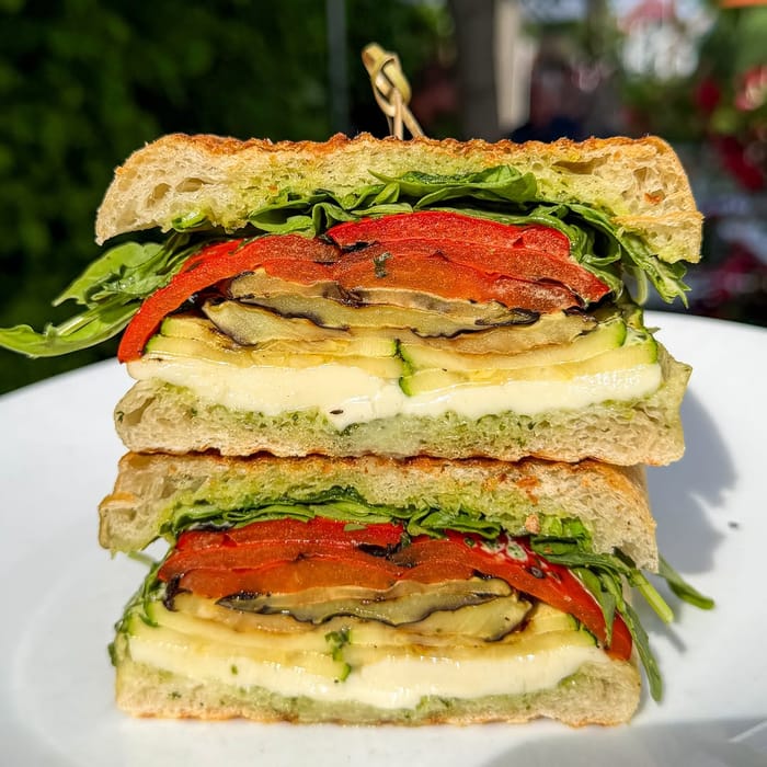 Mr. Pete’s Garden Panini: grilled eggplant and zucchini, roasted red peppers, fresh mozzarella and pesto