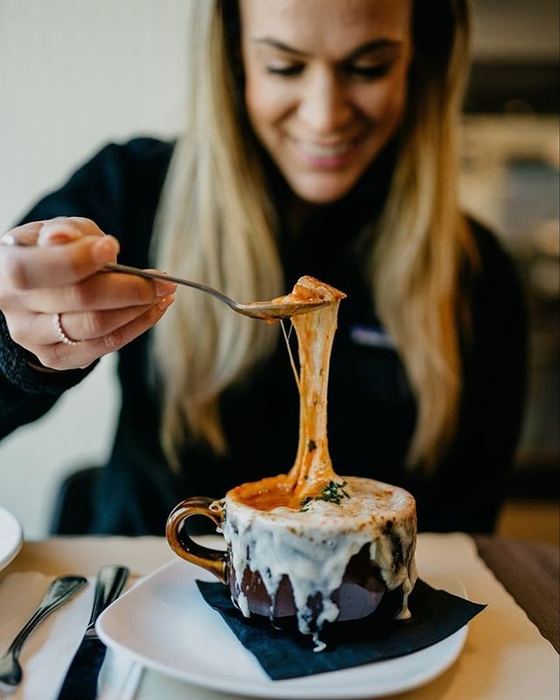 Soup with a cheese pull, straight from the crock